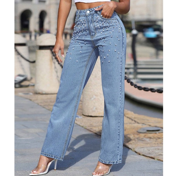 Rouge! Denim - Rhinestone Embellished Light Wash Blue Straight Leg Jeans Denim